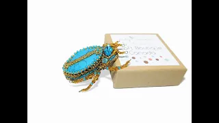 Bead Embroidered Beetle Brooch with Magnesite, Czech Rhinestone. Turquoise Gold Scarab Pin