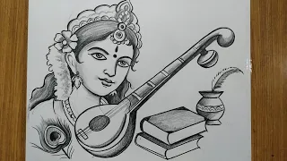 how to draw maa saraswati face with pencil sketch,drawing devi saraswati &  with bina,