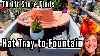 Thrift Store Find HAT into BirdBath brings Mommy Feeding Baby, Solar Fountain for Hummingbird Garden