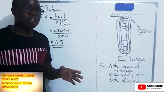 Simple Machine: Find a) mechanical advantage. b) velocity ratio. c) efficiency of a pully system.