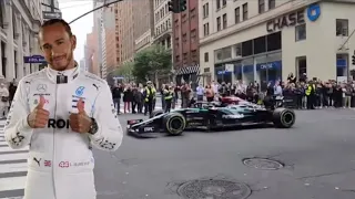 Lewis Hamilton doing donuts and burnouts on New York City streets in his 2021 Mercedes F1 car