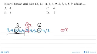 Kuartil bawah dari data 12, 13, 11, 6, 4, 9, 3, 7, 6, 5, 9, adalah ....  A. 4 B. 5 C. 6 D. 7...