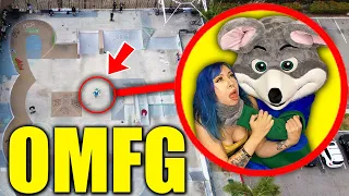 DRONE CATCHES CHUCK E CHEESE.EXE SKATEBOARDING AT HAUNTED SKATEPARK!! (HE CAME AFTER US!!)
