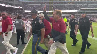 Rammer Jammer, Alabama players, Nick Saban celebrate after road win at Texas A&M