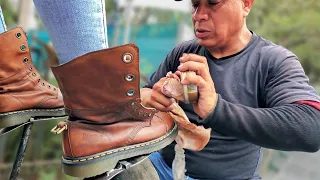 Are DR MARTENS back? BROWN BOOTS TRANSFORMATION! Street Shoe Shine by Francisco 🇲🇽 Mexico City ASMR