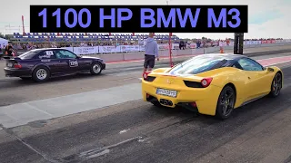 1100 HP BMW M3 E36 vs Audi RS6 vs Ferrari 458 - Drag Race And Burnouts