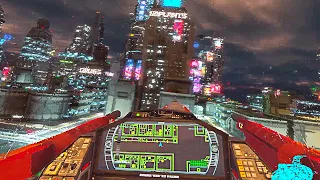 Immersive flight around futuristic night city in VR