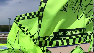 Flags waving to Valentino Rossi pit out, Brutapela Gold Stand, Misano 2019 MotoGP