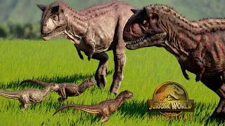 LA FAMILIA DE TORO EL CARNOTAURUS Y CRIAS DE DINOSAURIO de Bumpy y Spino! Jurassic World Evolution 2