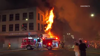 Massive Explosive Fire Consumes 100 Year Old Building | Downtown Los Angeles