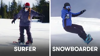 Surfers Try To Keep Up With Snowboarders | SELF