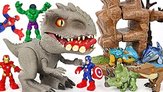 Jurassic world dinosaur Indominus rex! Help Hulk, Iron Man and Spider-Man! | DuDuPopTOY