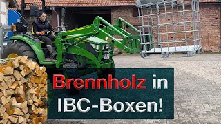 IBC Boxen - Brennholz lagern + trocknen, kurze Wege zum Holzvergaser, abladen mit John Deere