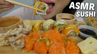 ASMR SUSHI *Paradise Roll, Spicy Salmon Sashimi, Chicken Karaage & pork Gyoza Relaxing Eating Sounds