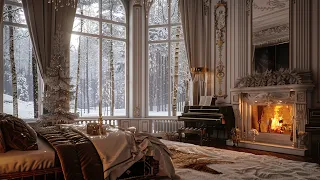 Cozy Fireplace and Piano ASMR for Royal Bedroom Ambiance | Snowfall Night | Relaxing Sleep Aid