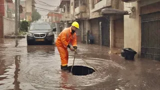 Flood Street Saviors Unclogging Drains to Battle Flooding-Drain Hero Saving the Street from Flooding