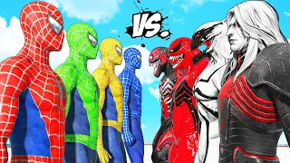 TEAM SPIDER-MAN vs VENOM ARMY - Spiderman, Green Spiderman, Blue Spiderman, Yellow Spiderman