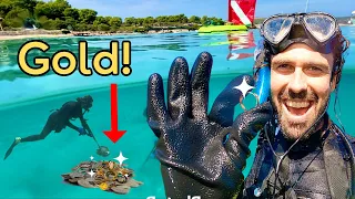 Gold Jewelry Treasure Diving under Super Yachts! (Metal Detecting Underwater)