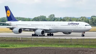 (4K) Plane spotting at Munich: Lufthansa Airbus A340-600 landing, taxi and take-off!