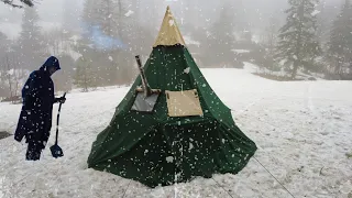 Hot Tent Camp in the Snow 3 Days | Warm Tent Winter Camp in Old Growth Forest | Wood Stove