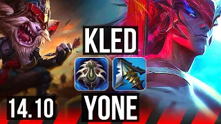 KLED vs YONE (TOP) | 75% winrate, 10 solo kills, 48k DMG | TR Master | 14.10