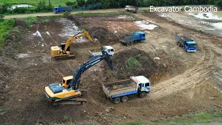 Wonderful Aerial Video CAT Excavator And HYUNDAI Excavator Digging Loading Soil Into Dump Truck