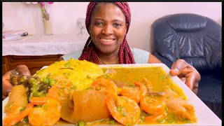 African food shrimp +assorted +mackerel fish with okra soup and Fufu/mukbang /eating show no talking