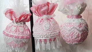 Pink White Lace Christmas Ornament Tutorial, How to make a Shabby Chic Bauble, Christmas in July