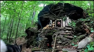 Bushcraft Camp - I Built a Cave with Fireplace, Survival Shelter Camping in Rain Forest, Cooking