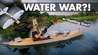 Water War?! Foamboard Boat+Gatling Gun VS Dive-bombers 🚢😲