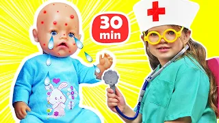 Baby doll is sick! Baby Born doll health routine. Toy playset. Kids play with baby dolls. Family fun