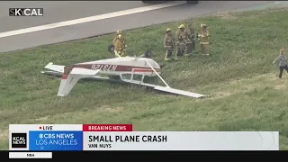 A small plane crashes onto grass at Van Nuys airport