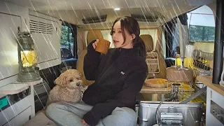 🌧Solo cozy car camping in the rain | Grilled shrimp and chicken soup Drinking makgeolli