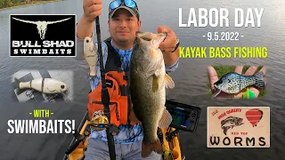 Bull Shad Swimbaits 4x4 Deep & Red Top Worms Gill Swimbait | Kayak Bass Fishing on Labor Day 2022!