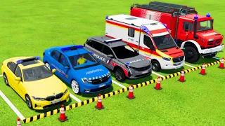 BMW, DACIA, PEUGEOT POLICE CARS & MERCEDES AMBULANCE & FIRE DEPARTMENT TRANSPORTING ! FS22