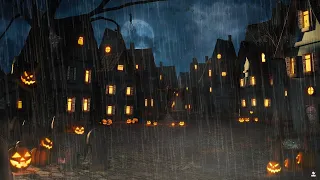 Halloween Spooky Ambience - Haunted Houses in Foggy Village | Rainy Halloween Night #2