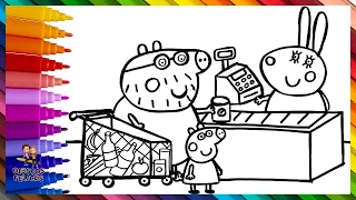 Dibuja y Colorea A Peppa Pig Y Papá Pig En El Supermercado 🐷🏪🍎🧀 Dibujos Para Niños