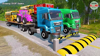 Double Flatbed Trailer Truck cars vs rails tractor vs train cars vs bollards Beamng Drive 342