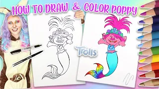 LEARN TO DRAW POPPY FROM TROLLS! GIANT Mermaid Poppy Trolls World Tour Coloring Page | Pencils