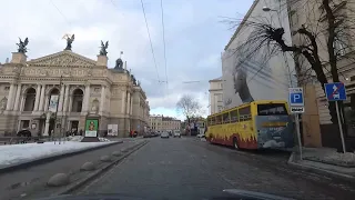 По Львову на автомобиле через центр (v2). Со звуком улицы. Lviv driving downtown.