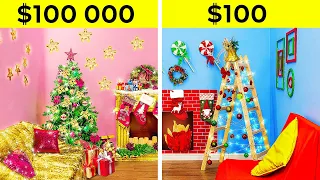 अमीर vs गरीब क्रिसमस रूम मेकओवर || 123 GO! FOOD पर देखें $100 000 VS $100 से सजावट
