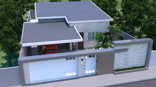 3D floor plan with three bedrooms and open kitchen