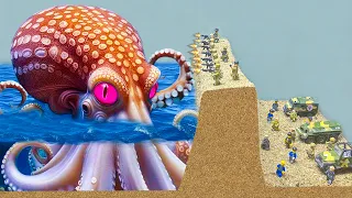Giant Octopus Attacks The Airport | Lego People Fight Sea Monsters Causing Tsunamis And Floods