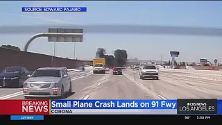 Small plane crash lands on 91 Freeway in Corona