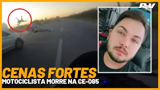 (( IMAGENS FORTES )) Motociclista a mais de 200 km/h bate em carro, é arremessado e morre no Ceará