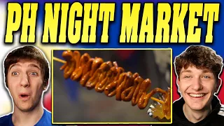 Americans React to NIGHT MARKET FOOD in Manila Philippines: BBQ & BLOOD STEW!