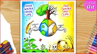 Save Water Save Life Easy Drawing / World Water Day Poster / step by step