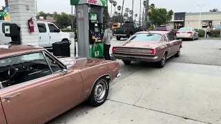 BARRACUDA TWINS 1967 1968 PURCHASED NEW IN COMPTON CALIFORNIA FUELING IN VENTURA BEACH TO MOPAR SHOW