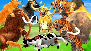 African Elephant Vs 2 Giant Tigers Lion Attack Cow, 3 Buffalo Saved by Woolly Mammoth Vs Tiger Bull