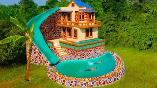 Build A Modern 3-Story Mud Villa House, Pool On Villa, Water Slide & Heat Swimming Pool For Winter